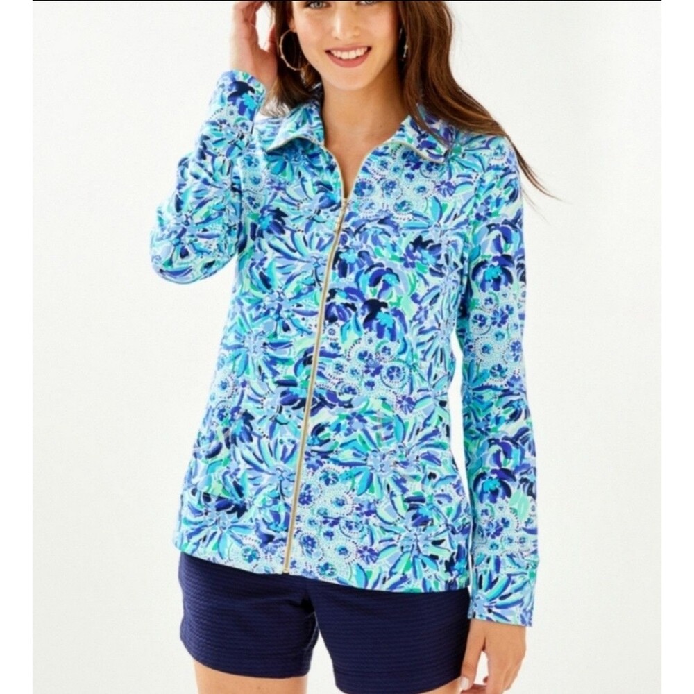 Lilly Pulitzer Leona Full Zip Jacket Blue Sunrise XS Tropical Vacation Cruise
